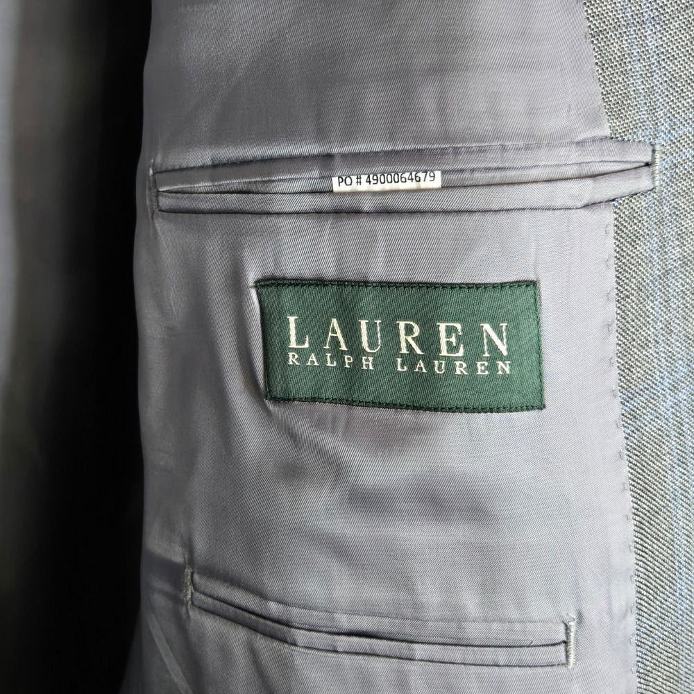 Lauren Ralph Lauren Silk Wool Blazer 50R Grey Blue Plaid Sport Coat Prep Classic - Picture 8 of 9